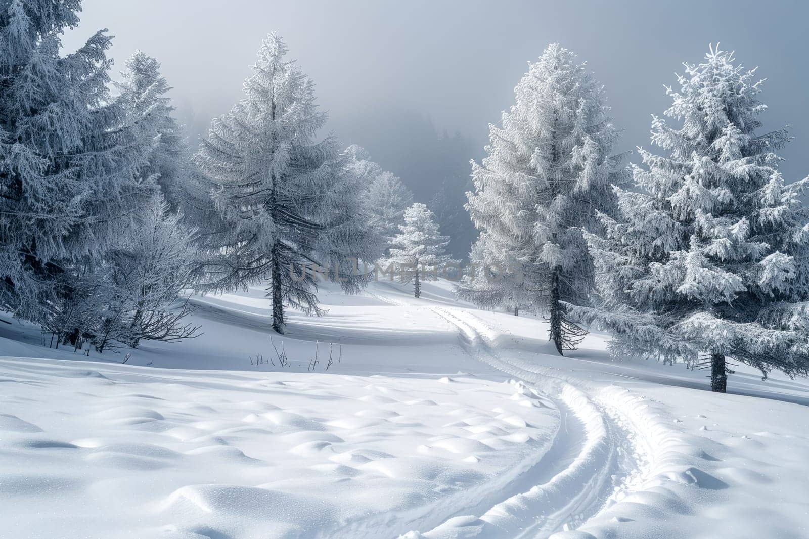 A wintery landscape with a forest path, snow-covered trees and a serene atmosphere. AI generated.