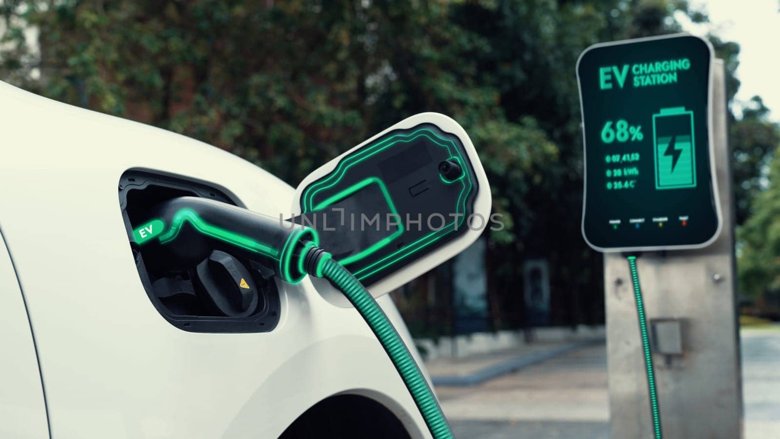 Electric car plugged in with charging station in eco green park. Peruse by biancoblue
