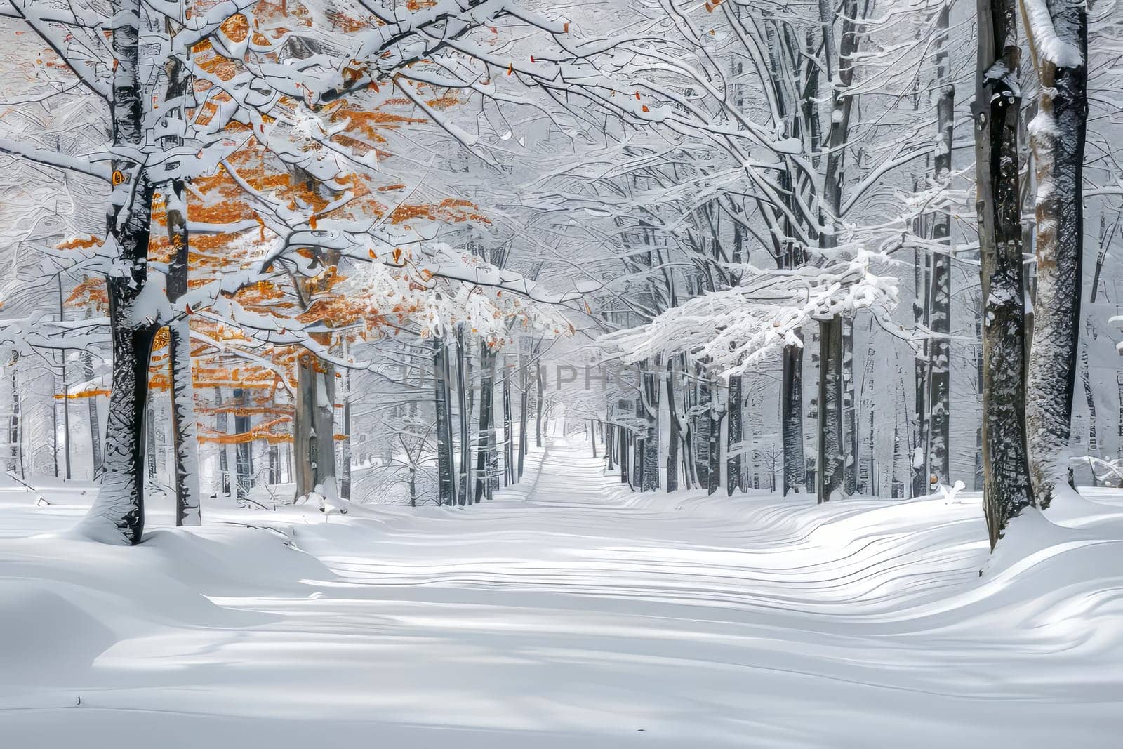 A wintery landscape with a forest path, snow-covered trees and a serene atmosphere. AI generated.