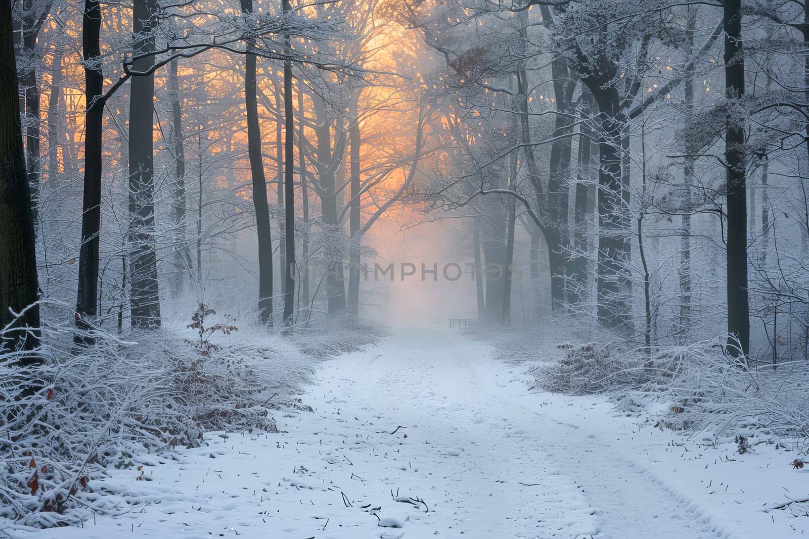A wintery landscape with a forest path, snow-covered trees and a serene atmosphere. AI generated.