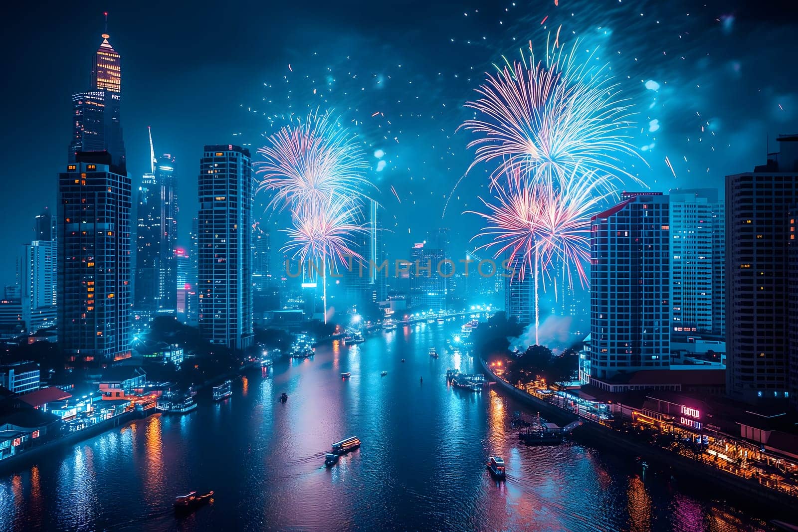 A spectacular image of fireworks illuminating the night sky over a city. Neural network generated in January 2024. Not based on any actual scene or pattern.