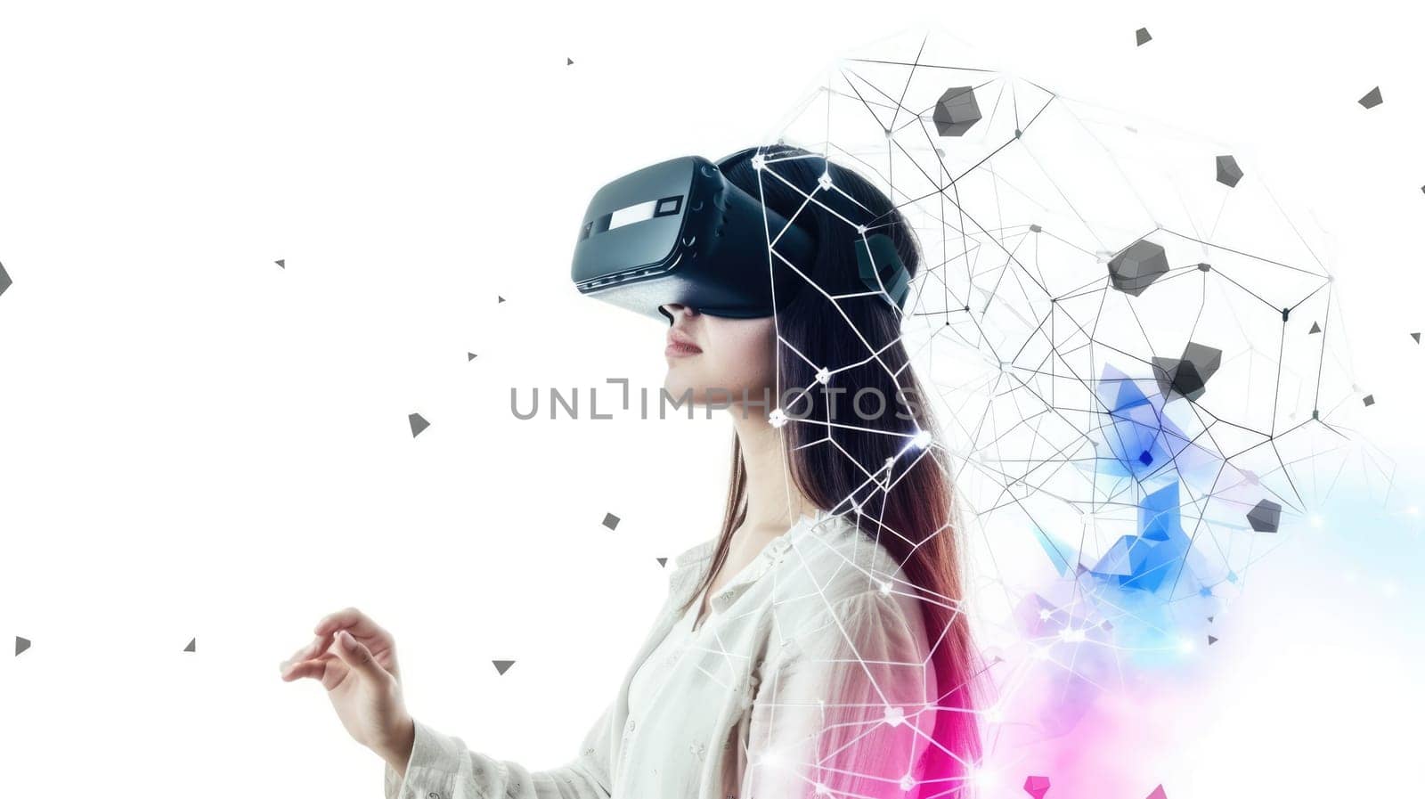 A woman interacts with a virtual reality interface, manipulating geometric shapes in a simulated environment for an advanced digital experience. AIG41