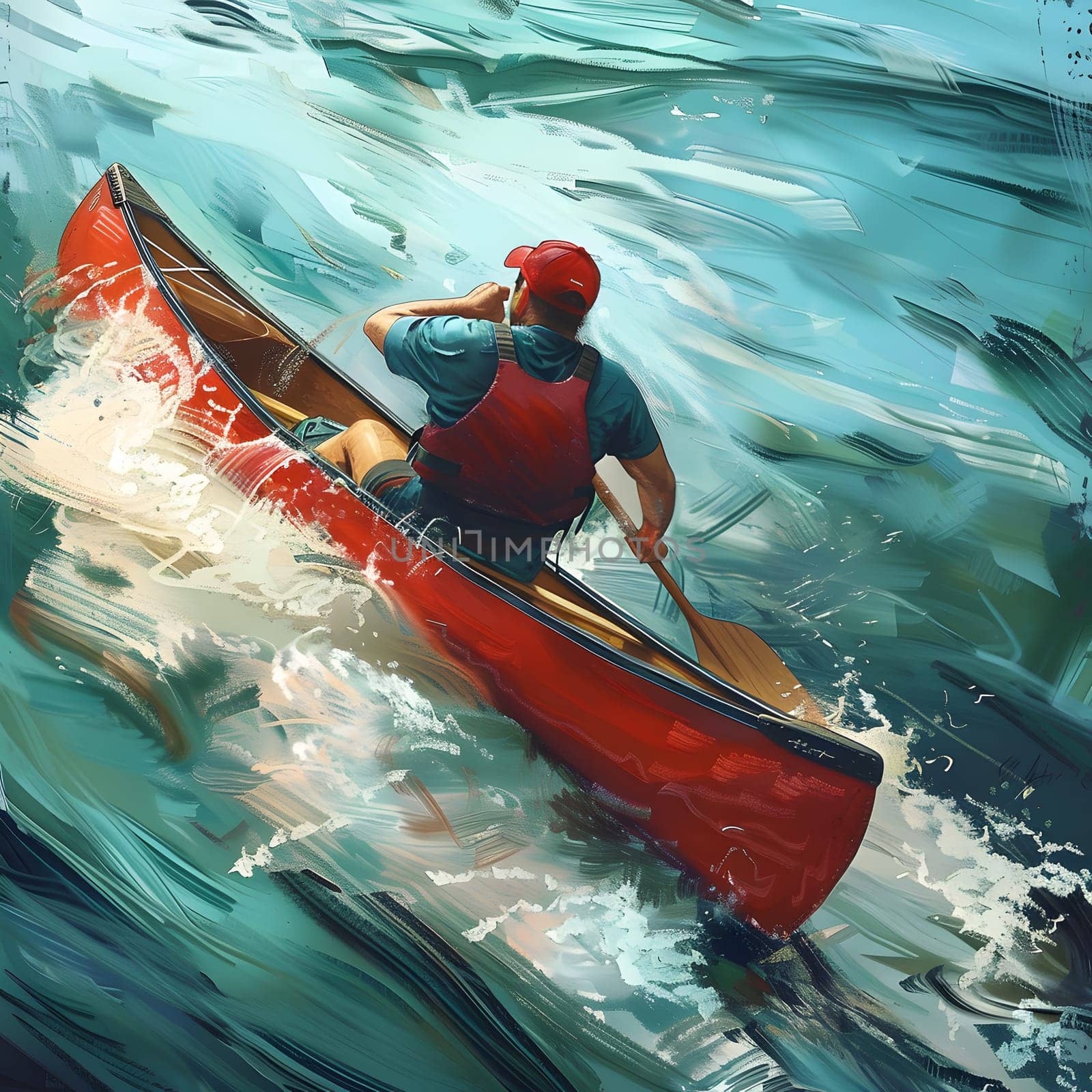 A man in a vibrant red kayak is navigating through the calm waters using a paddle, enjoying the outdoor recreation and soaking up the beauty of the surroundings