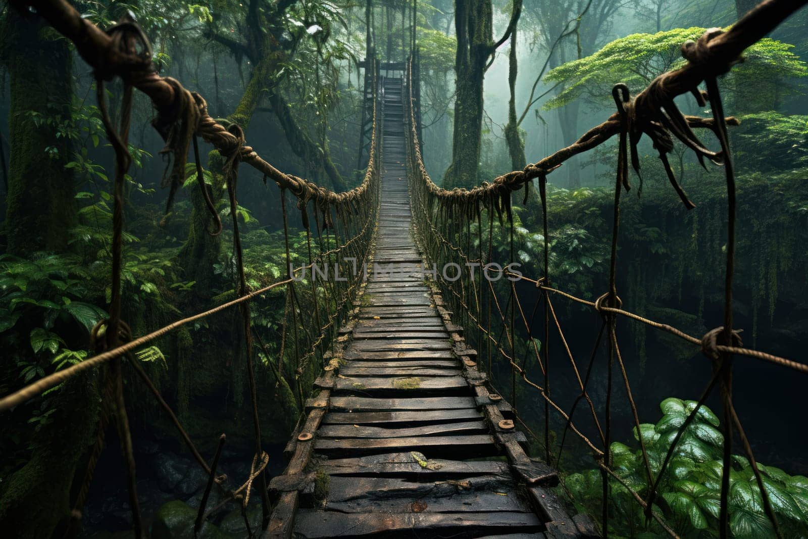 Mysterious Jungle bridge forest. Park nature. Generate Ai