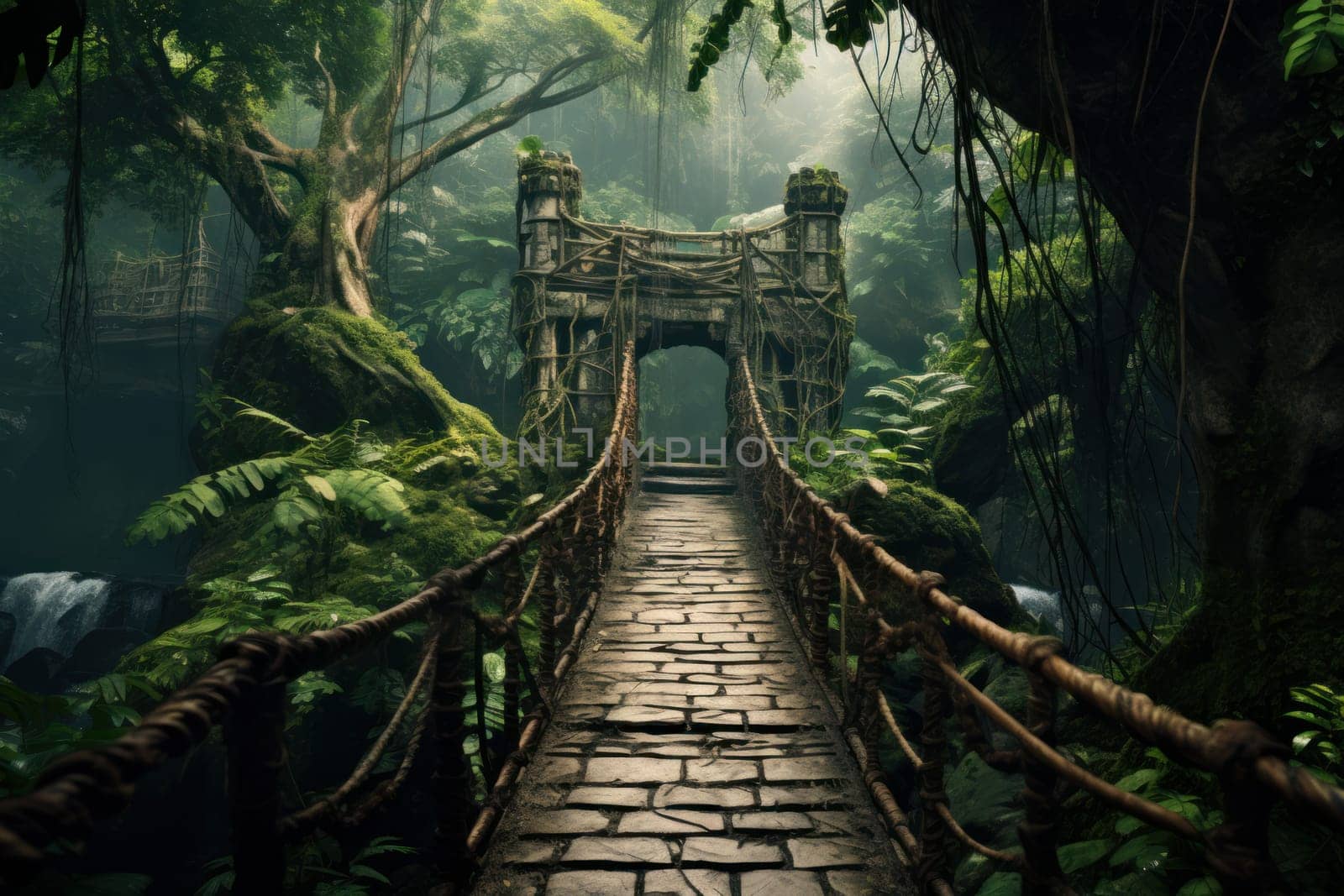 Verdant Jungle bridge forest. Park nature. Generate Ai