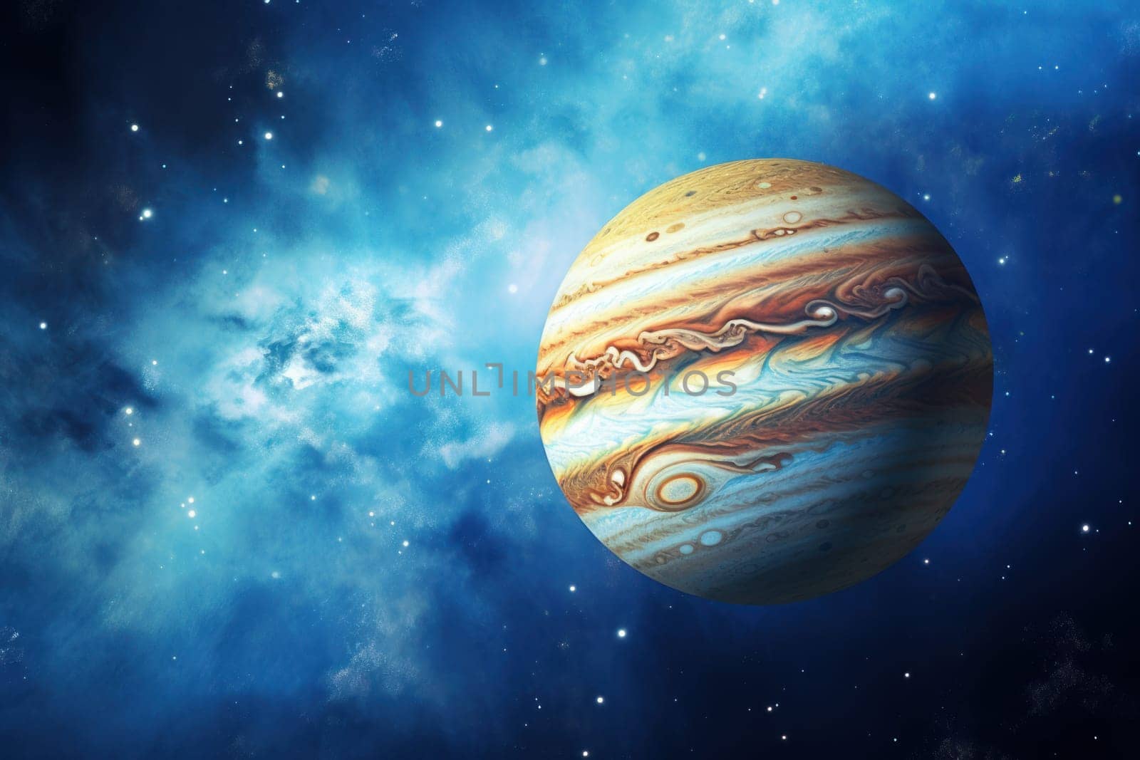 Swirling Jupiter planet clouds. Nature space sun. Generate AI