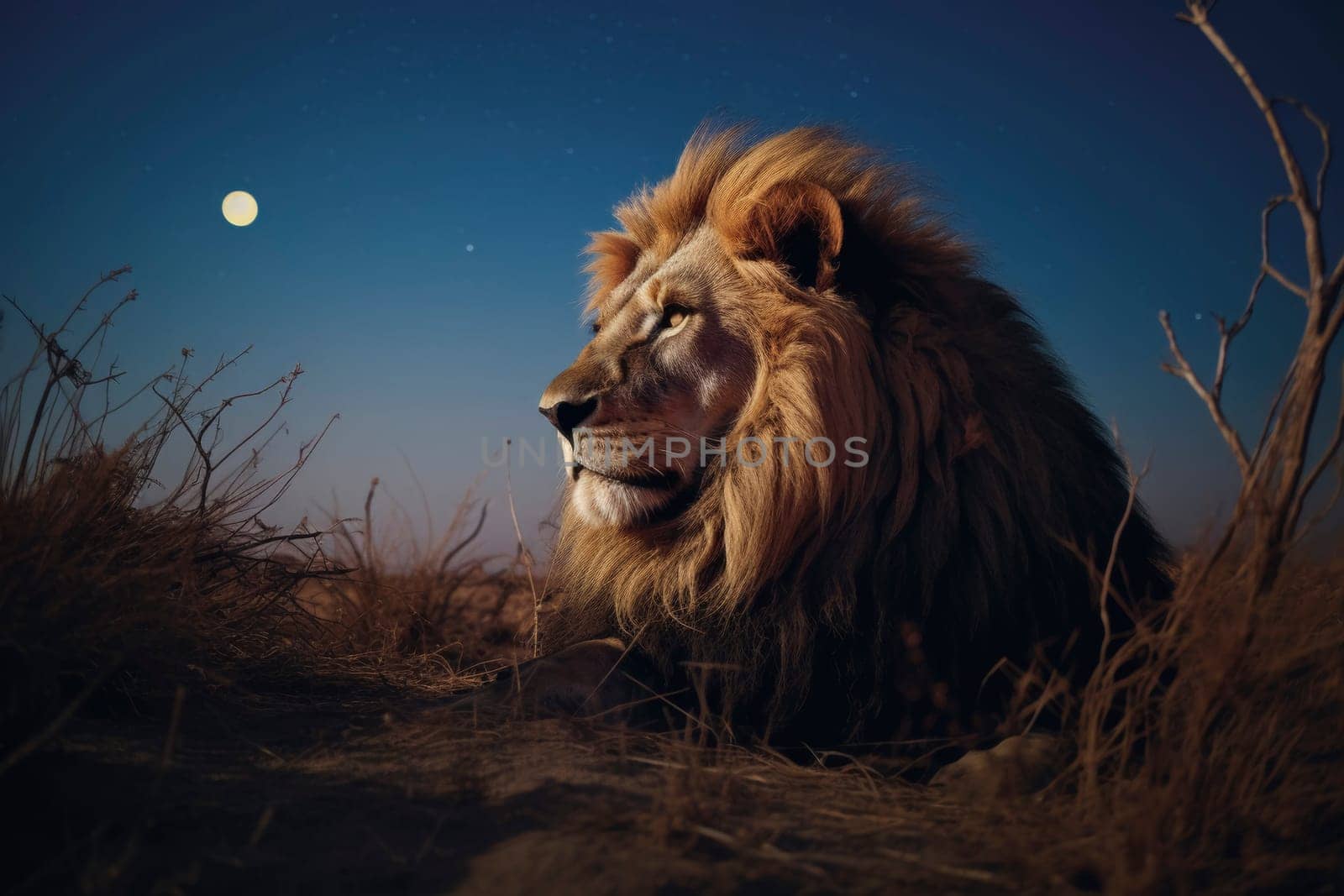 Majestic lion lying under starry night sky. Wildlife photography. African wilderness and animal kingdom concept for poster, banner, and educational use. Side view with space for text