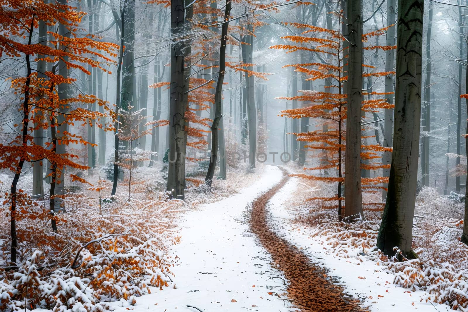 A wintery landscape with a forest path, snow-covered trees and a serene atmosphere. AI generated.