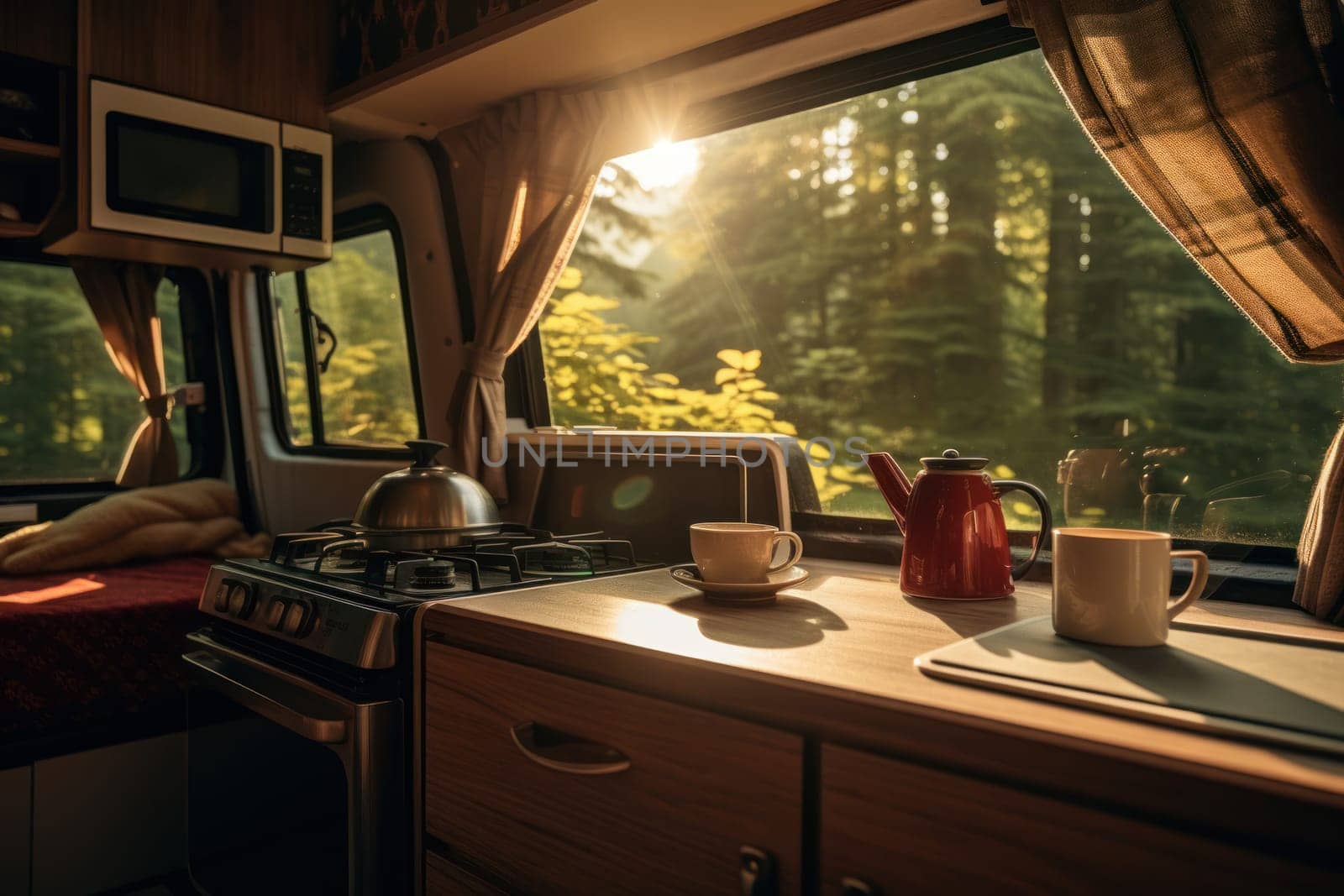 Kitchen campervan. Modern vehicle vacation. Generate Ai