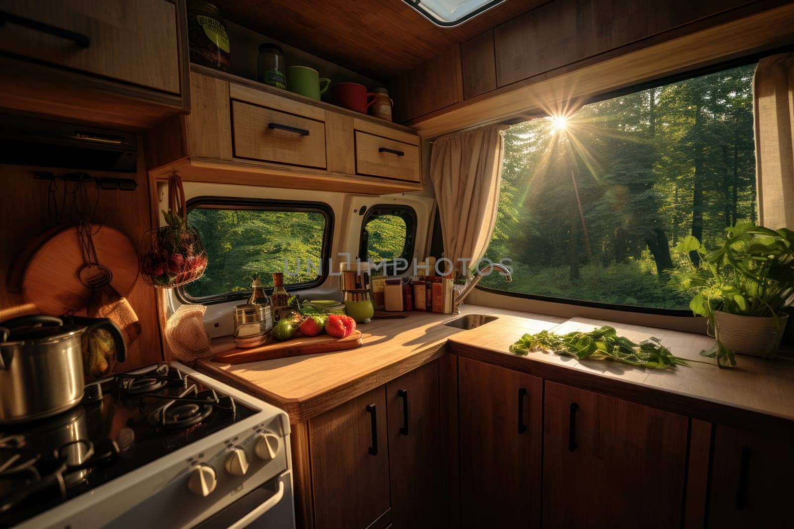 Compact Kitchen campervan. Modern vehicle vacation. Generate Ai