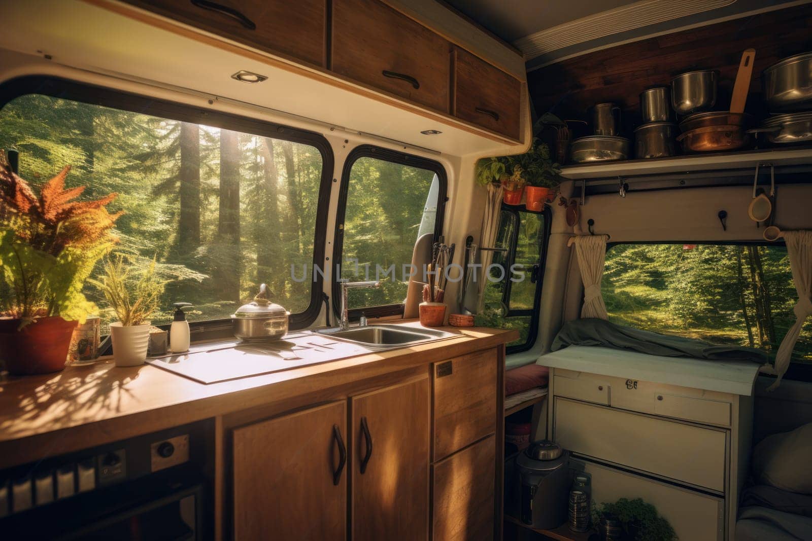 Mobile Kitchen campervan. Modern vehicle vacation. Generate Ai