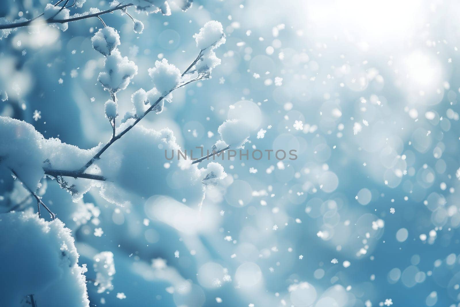 Generic snowfall over snow covered tree branch, closeup with selective focus. Neural network generated in January 2024. Not based on any actual scene or pattern.