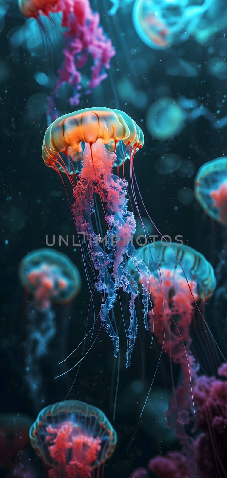 glowing sea jellyfishes on dark background, neural network generated image by z1b