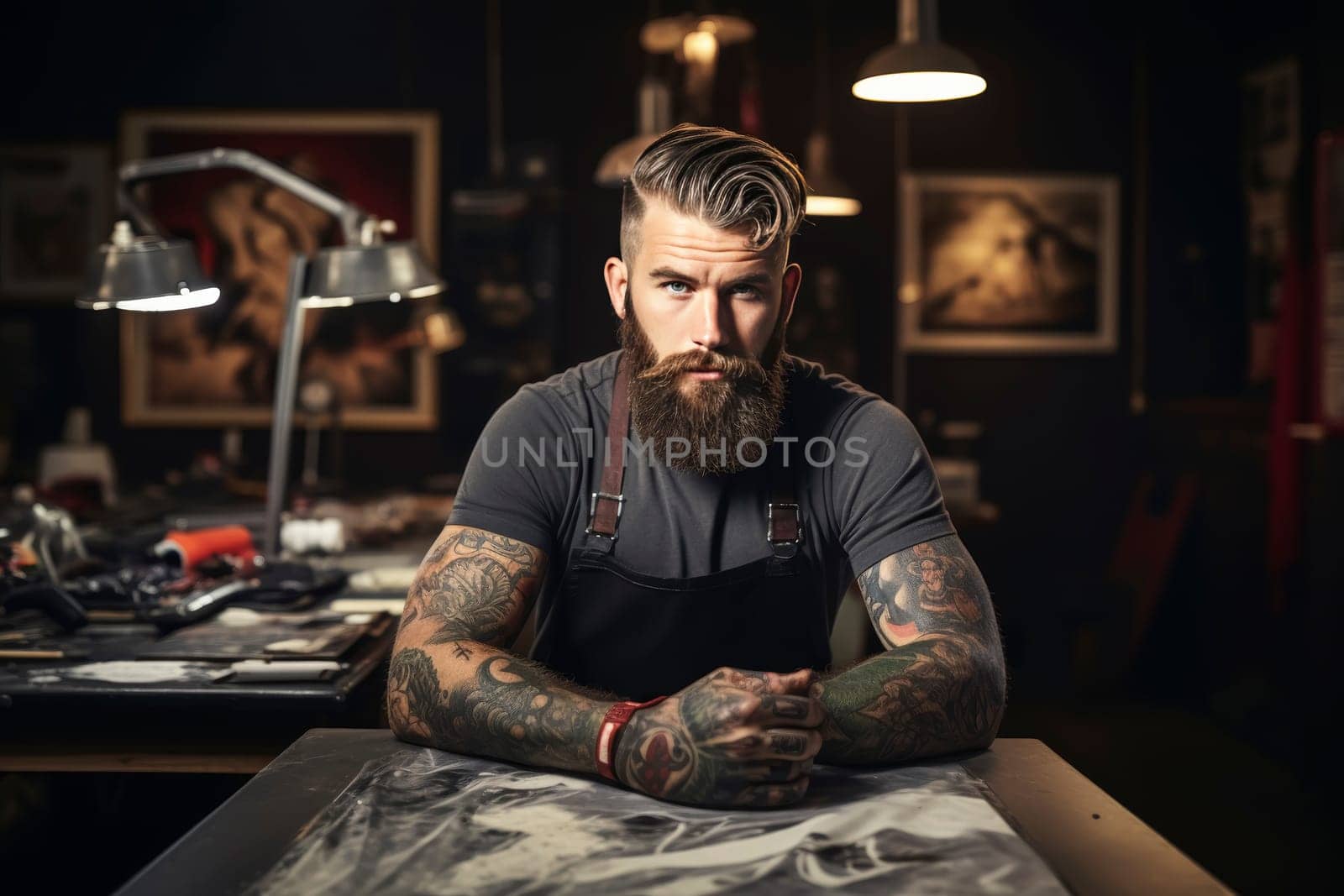 A confident bearded tattoo artist leans on a workbench in a well-equipped tattoo studio, showcasing his body art.