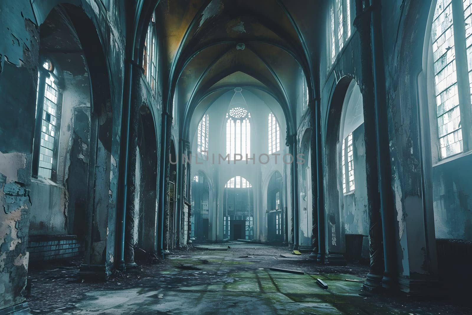 Dark gothic abandoned ancient chapel hall interior with tall windows and columns, foggy and empty. Neural network generated in January 2024. Not based on any actual scene or pattern.