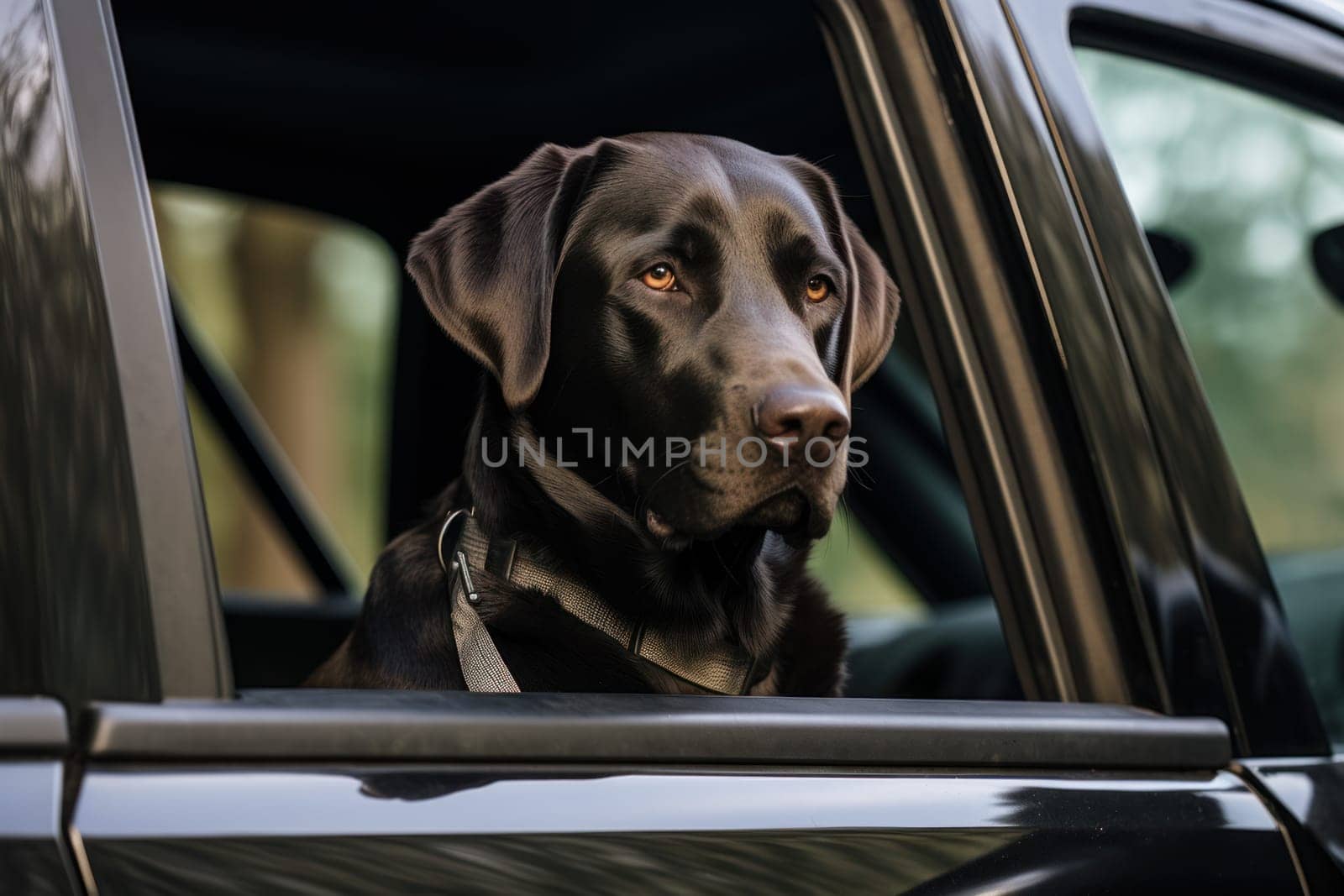 Labrador retriever car. Cute canine head. Generate Ai