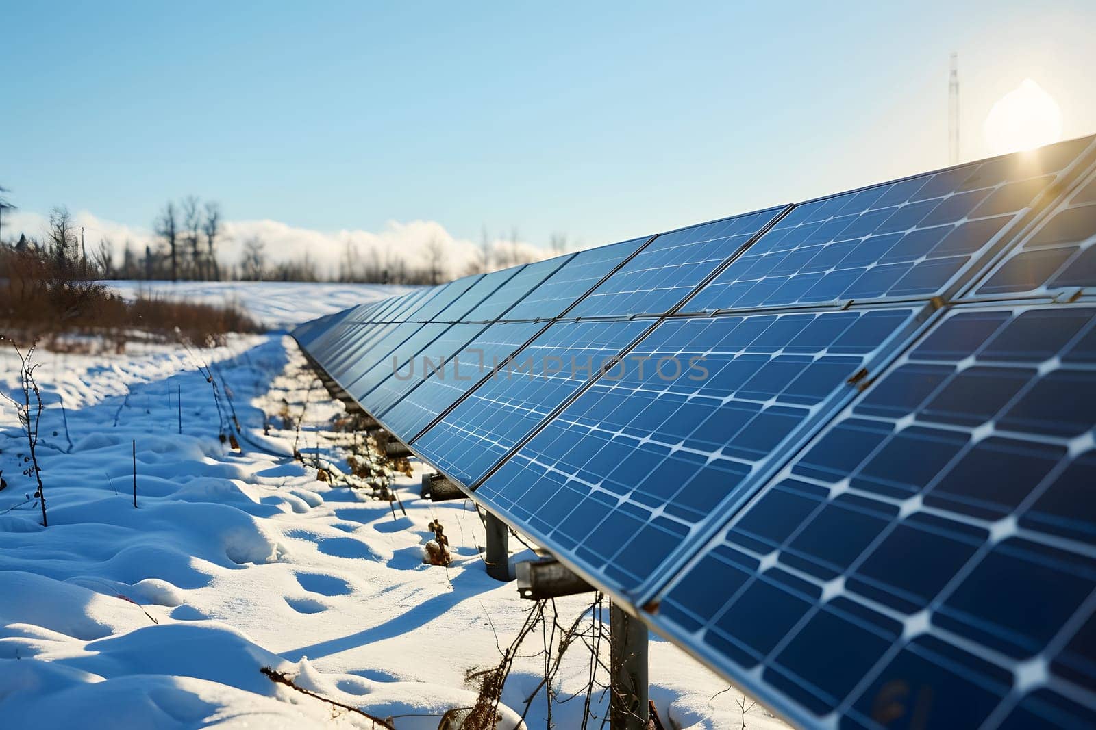 Photovoltaic solar panels in the field at sunny winter day. Neural network generated in January 2024. Not based on any actual scene or pattern.