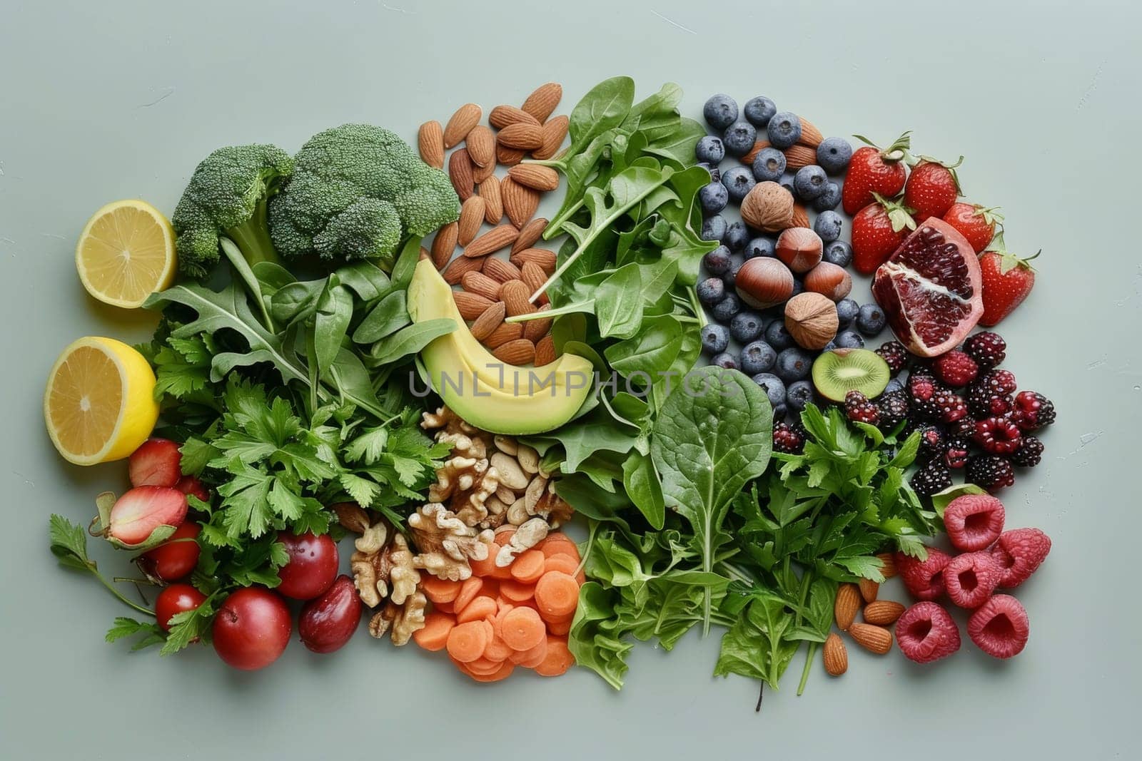 Assorted fresh fruits and vegetables organized by color on a flat lay composition with copy space. Healthy eating and nutrition concept for design in advertisements, posters, and educational materials