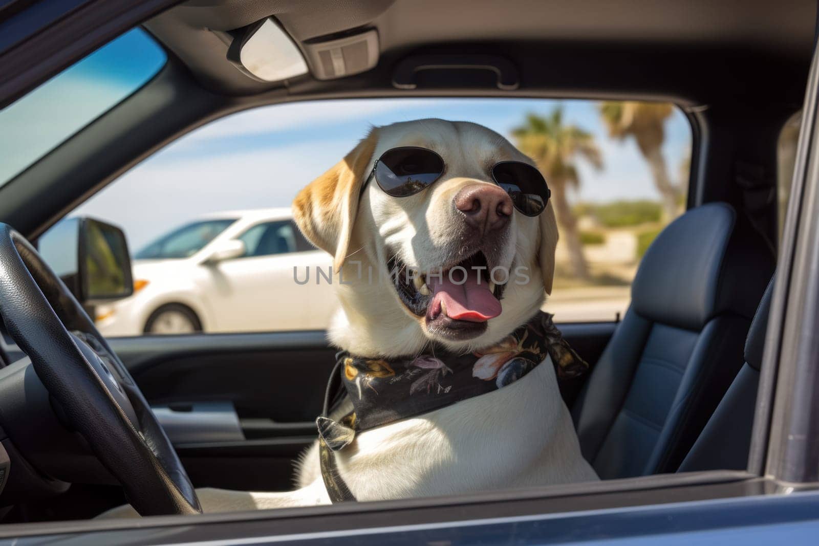 Spacious Labrador retriever car. Cute canine head. Generate Ai