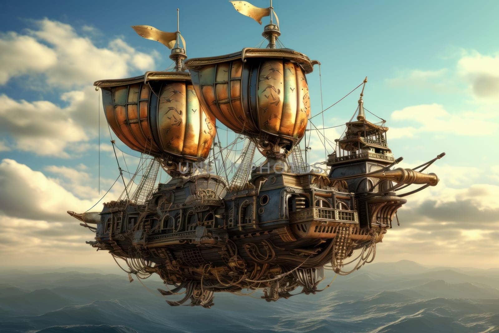 Fly machine steampunk. Airship fly city. Generate Ai