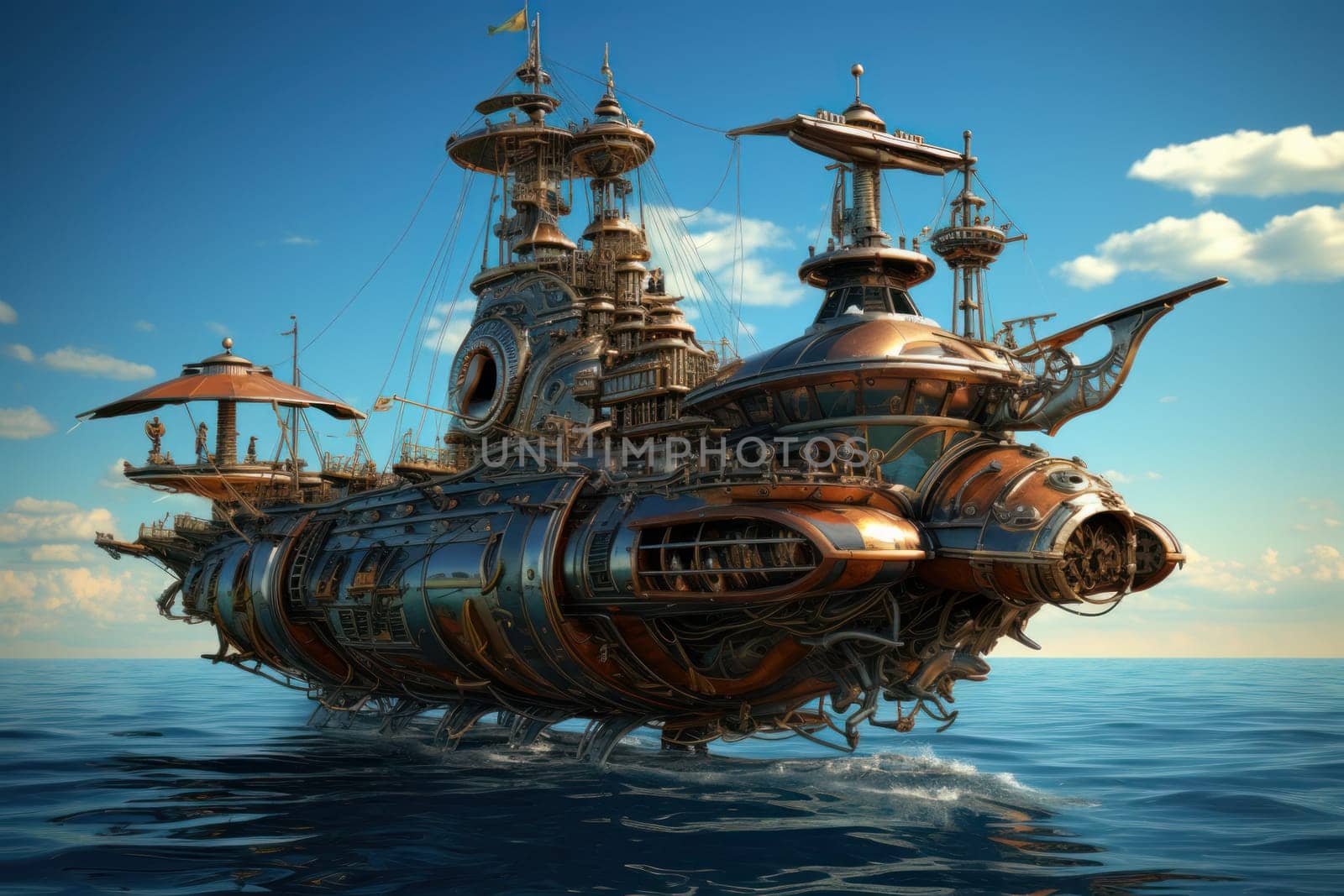 Intricate Fly machine steampunk. Airship fly city. Generate Ai