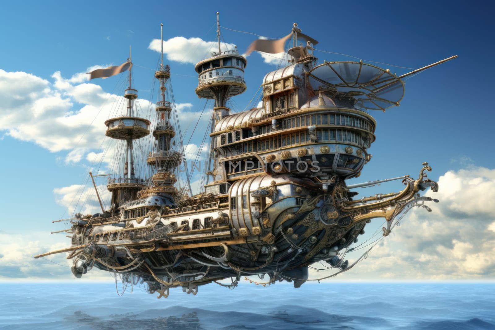 Vintage Fly machine steampunk. Airship fly city. Generate Ai
