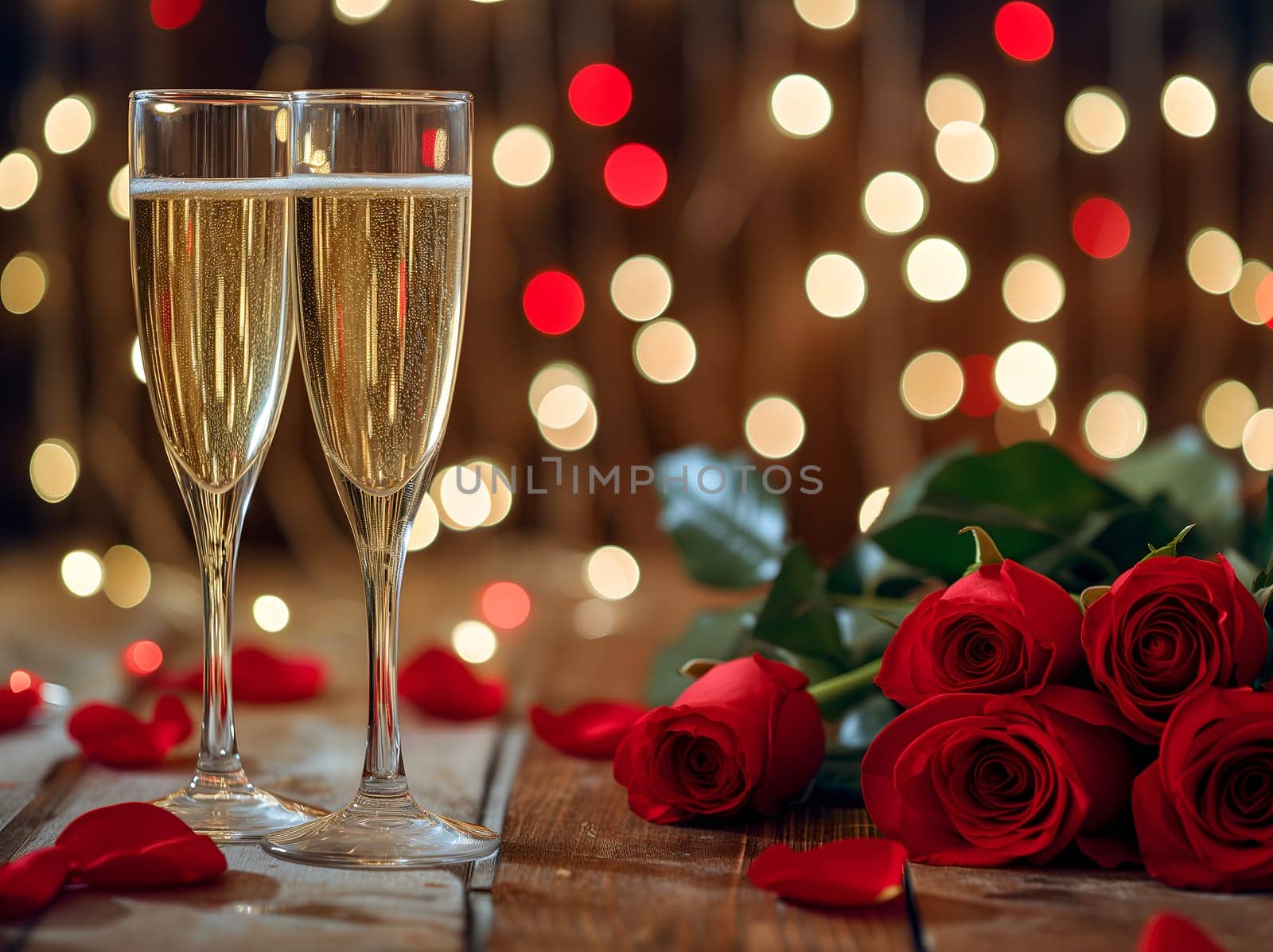 glasses with sparkling wine or champagne and red roses on table with bokeh lights in the background by z1b