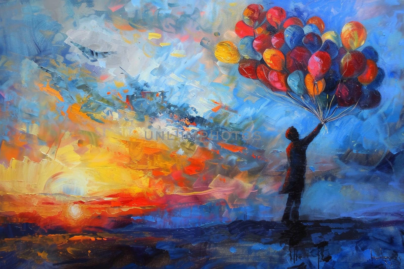 An expressionistic painting captures a solitary figure releasing a burst of colorful balloons into a fiery sunset. The contrasting cool and warm tones reflect the emotional release and freedom