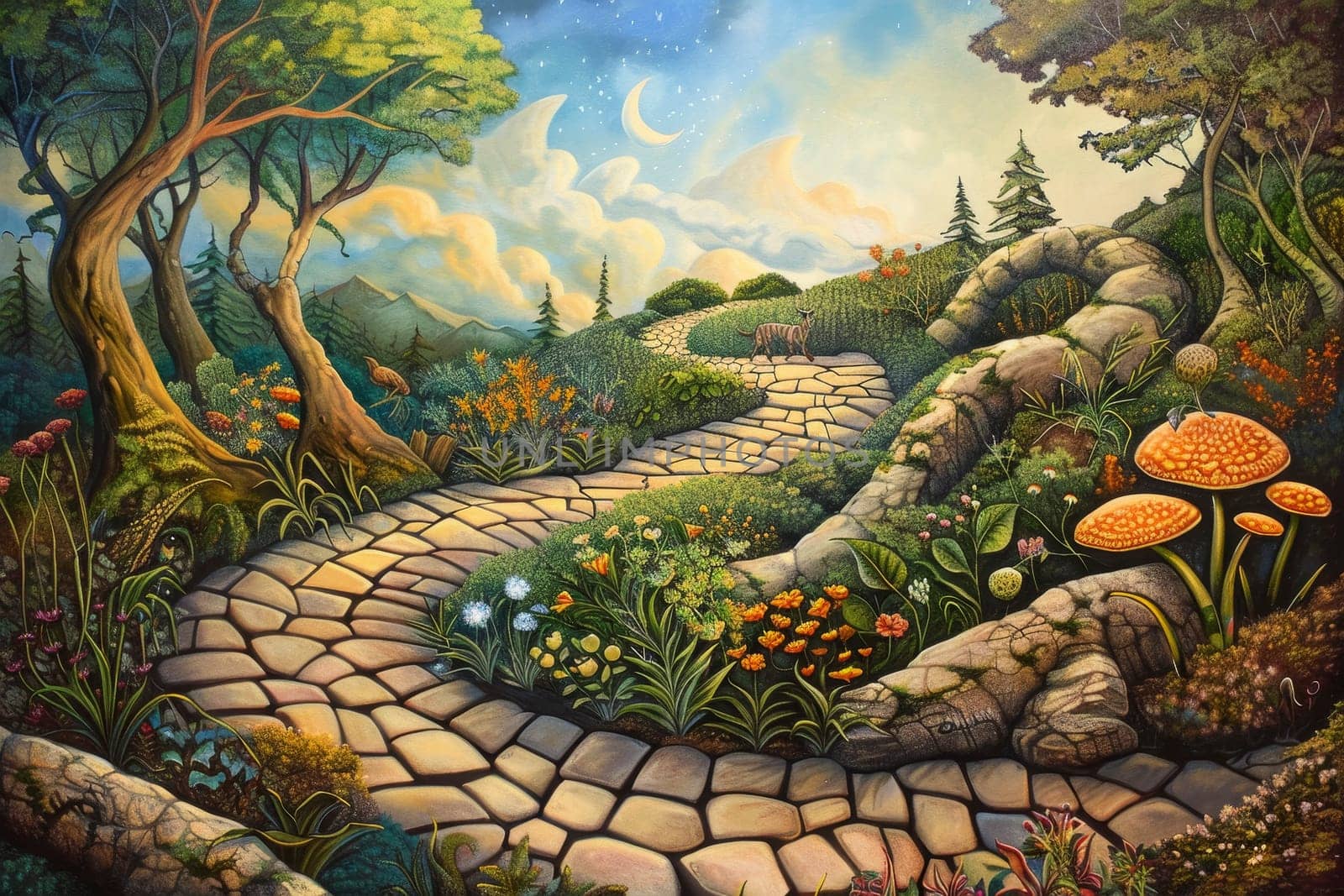 An enchanting painting of a winding path through a lush, mystical landscape under a crescent moon. This scene captures the essence of a healing journey through nature's serene beauty