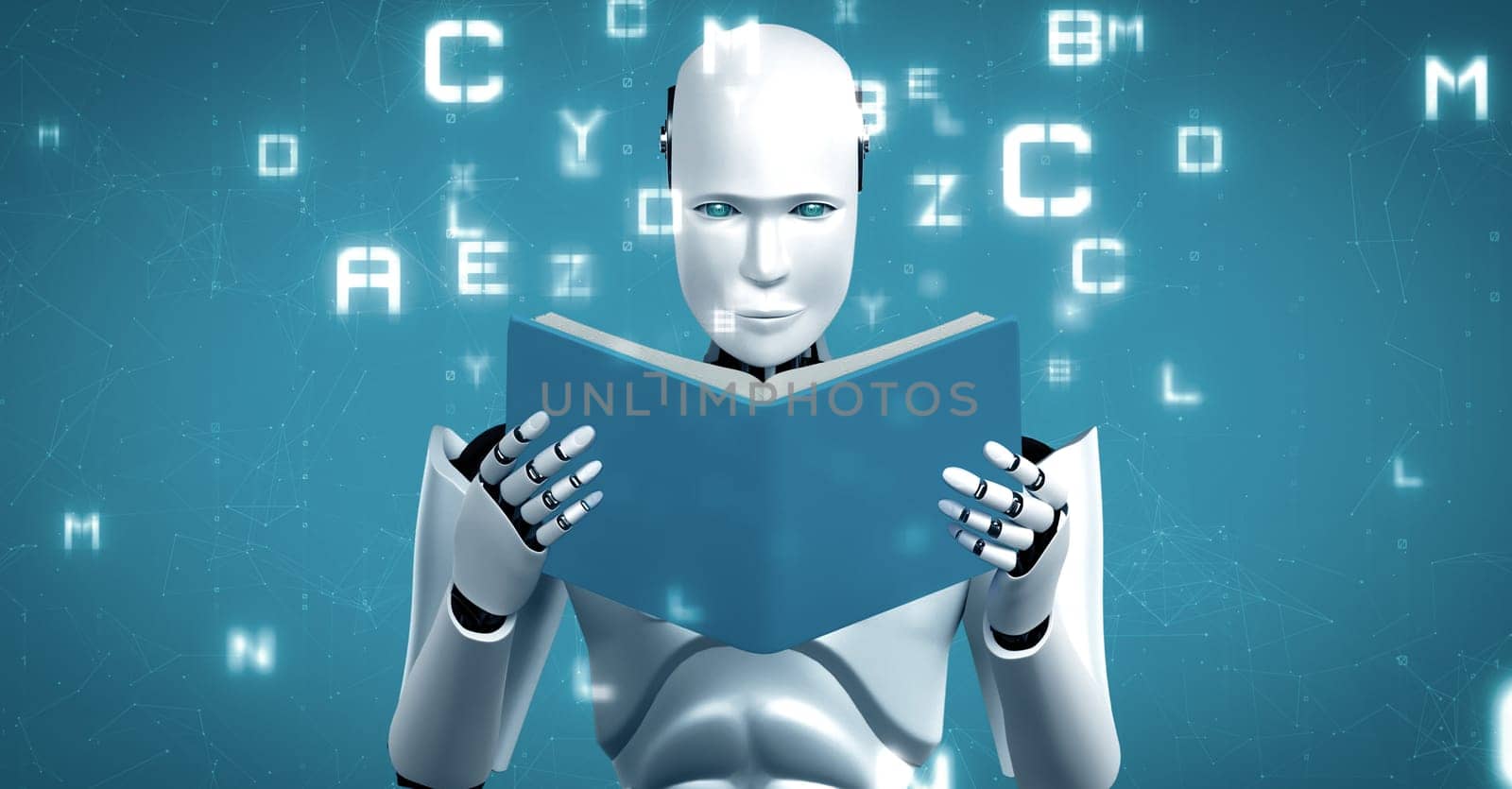 XAI 3D rendering of robot hominoid reading book by biancoblue