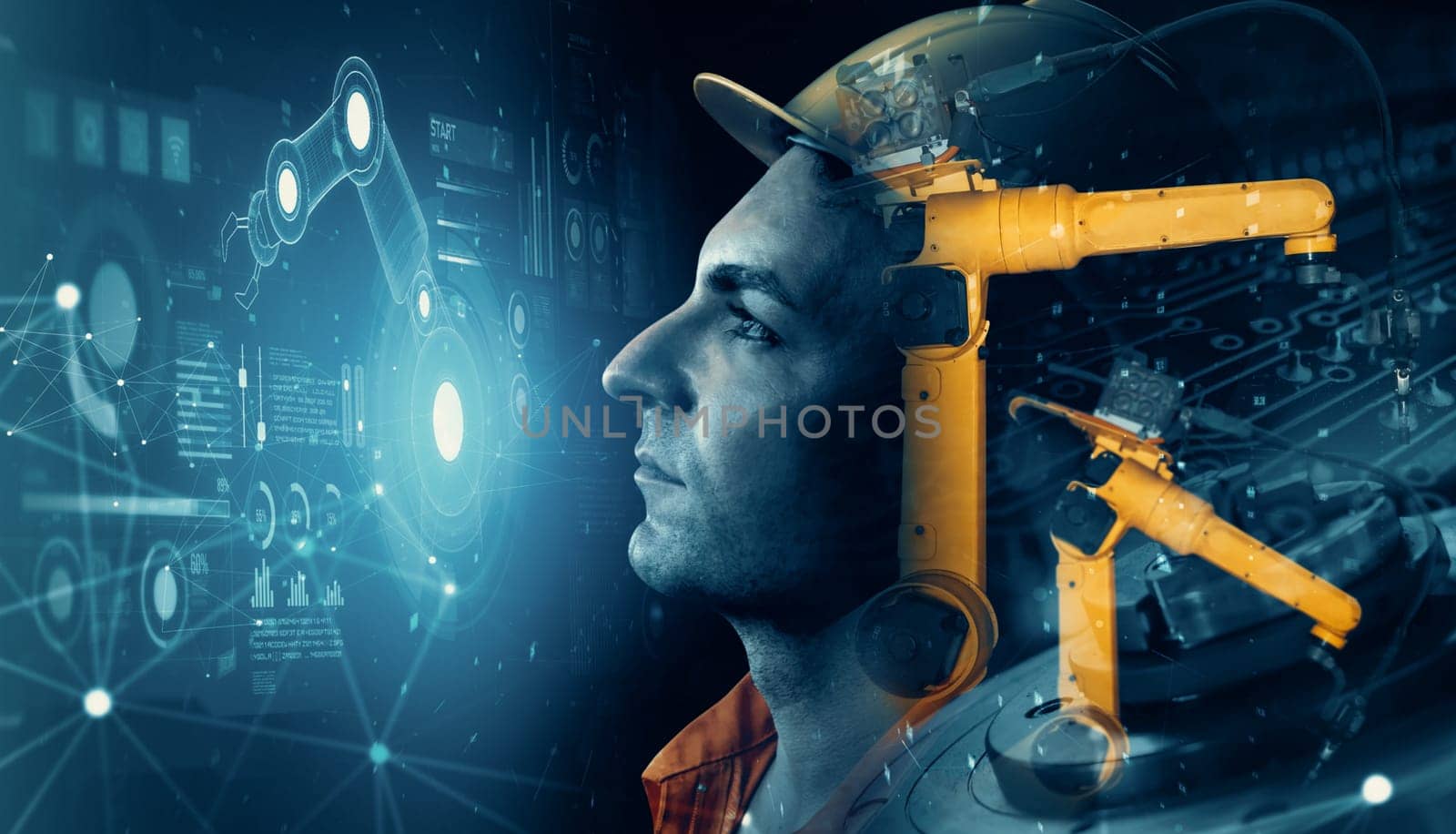 XAI Mechanized industry robot arm and factory worker double exposure. Concept of robotics technology for industrial revolution and automated manufacturing process.