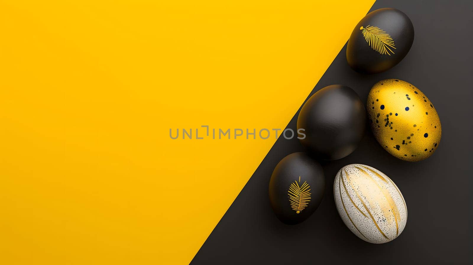 Golden, black, white Easter eggs on a yellow-black background. geometry. Minimal concept. View from above. Neural network generated image. Not based on any actual scene or pattern.