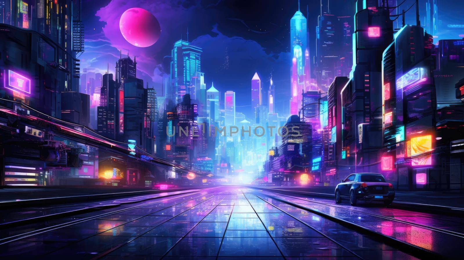 Neon Cyberpunk Cityscape with Futuristic Cars. Resplendent. by biancoblue