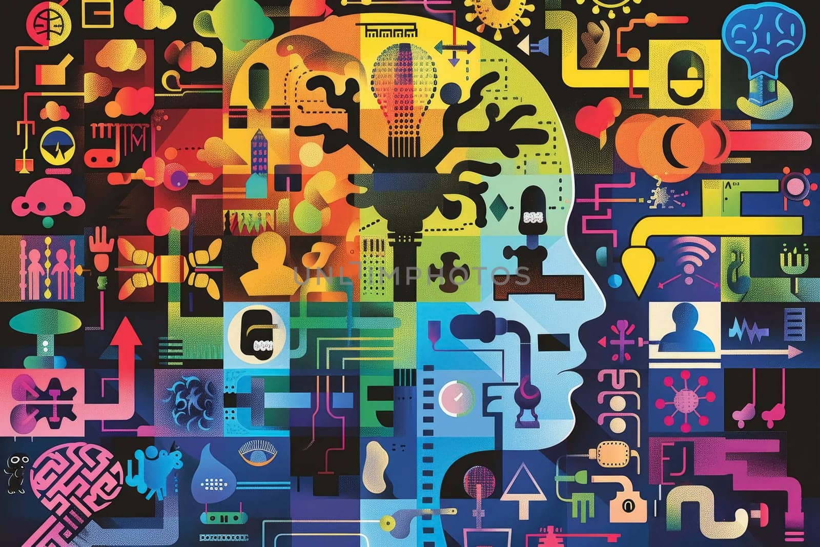 A vibrant, abstract illustration captures the complexity and diversity of the autism spectrum. The interplay of shapes and colors symbolizes various aspects of autism.