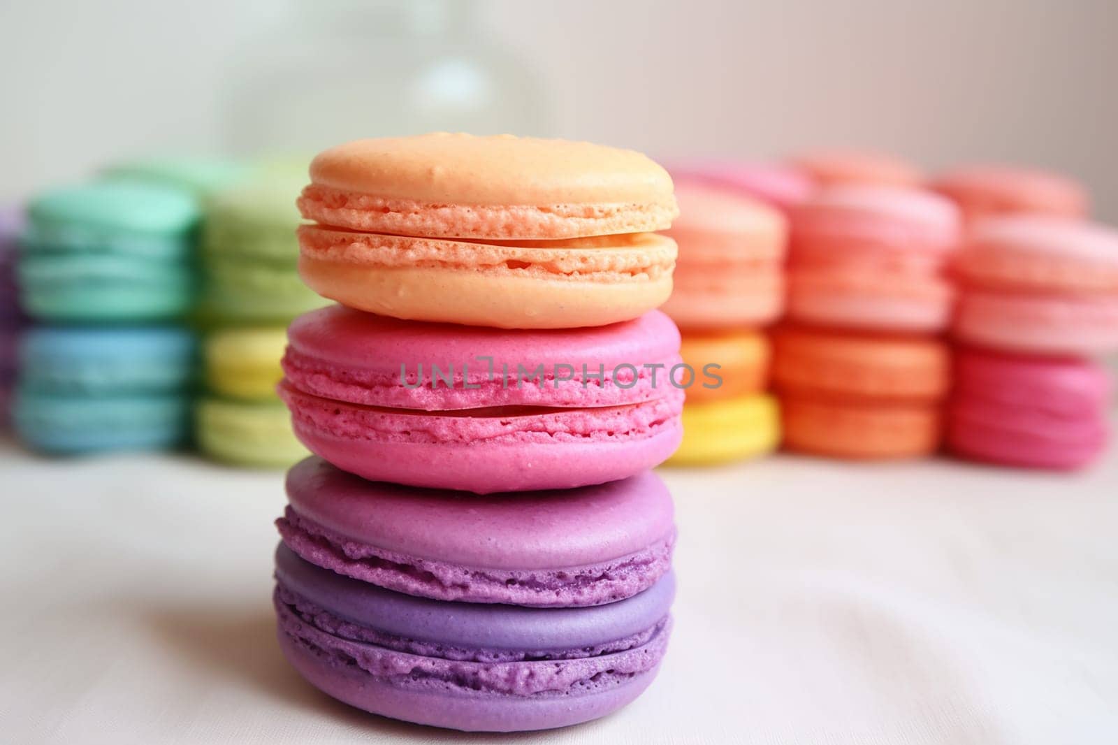 Stack of colorful macarons in soft background by Hype2art