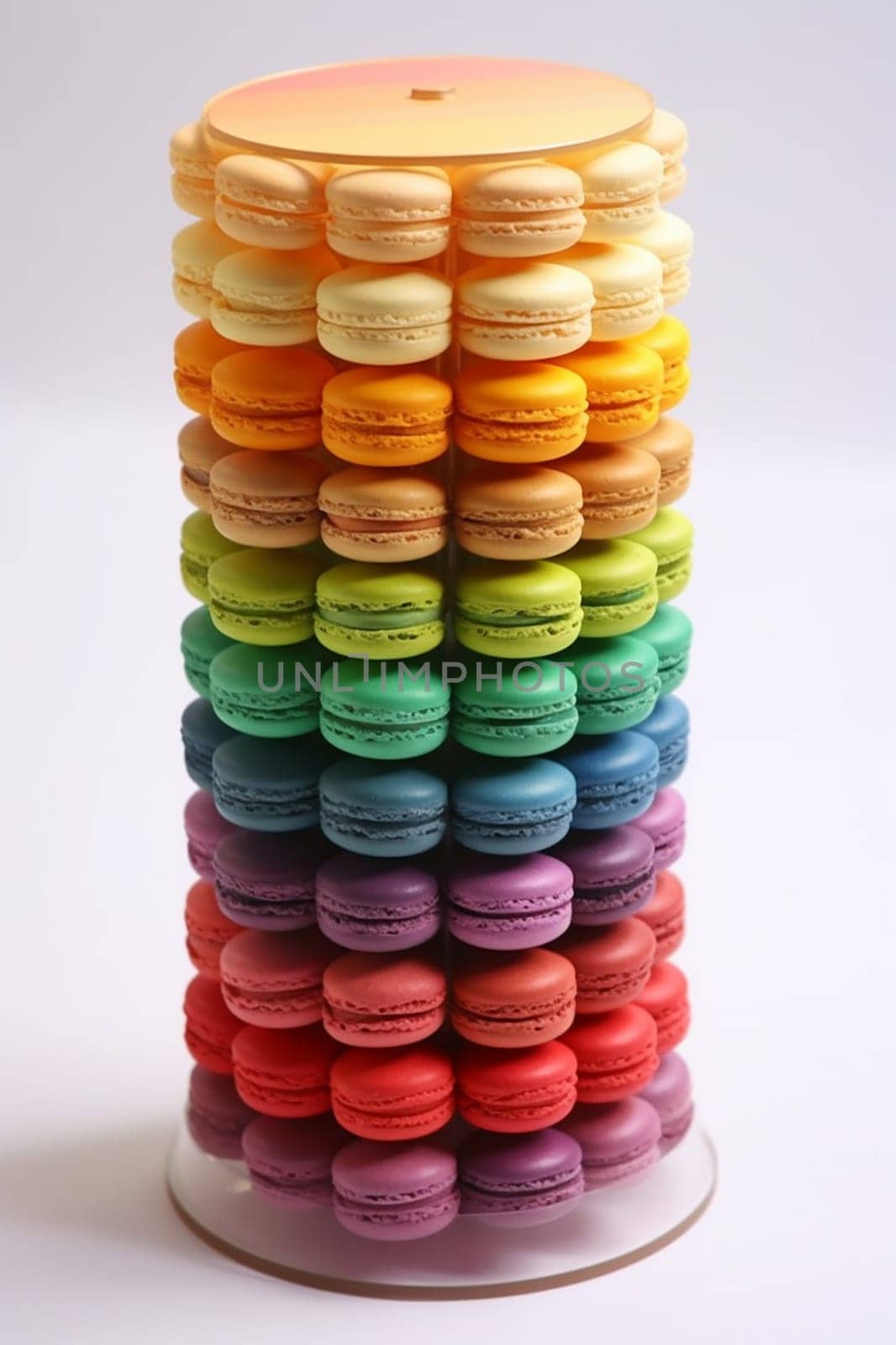Colorful macarons arranged in a towering stack