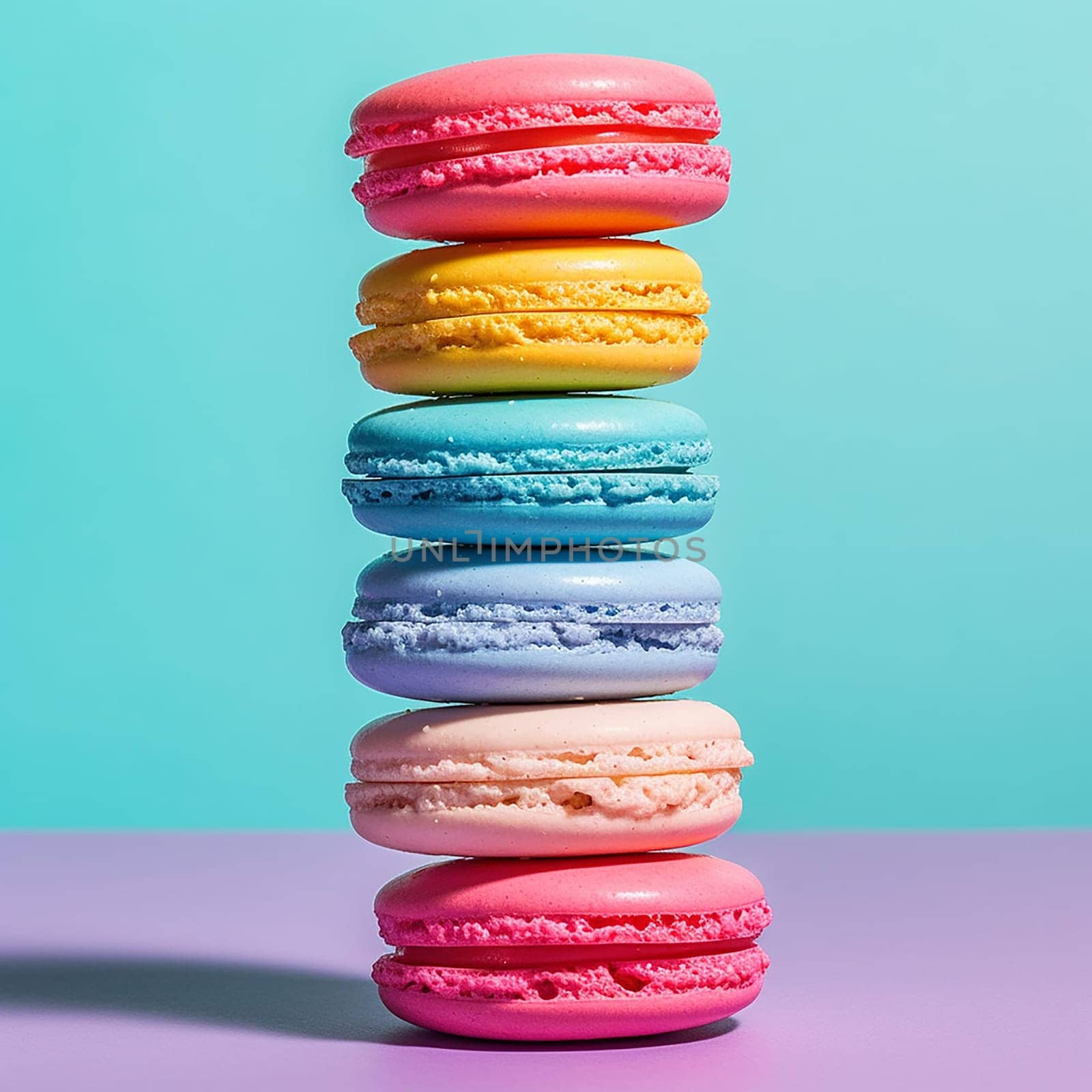 Colorful macarons stacked against a two-tone background.