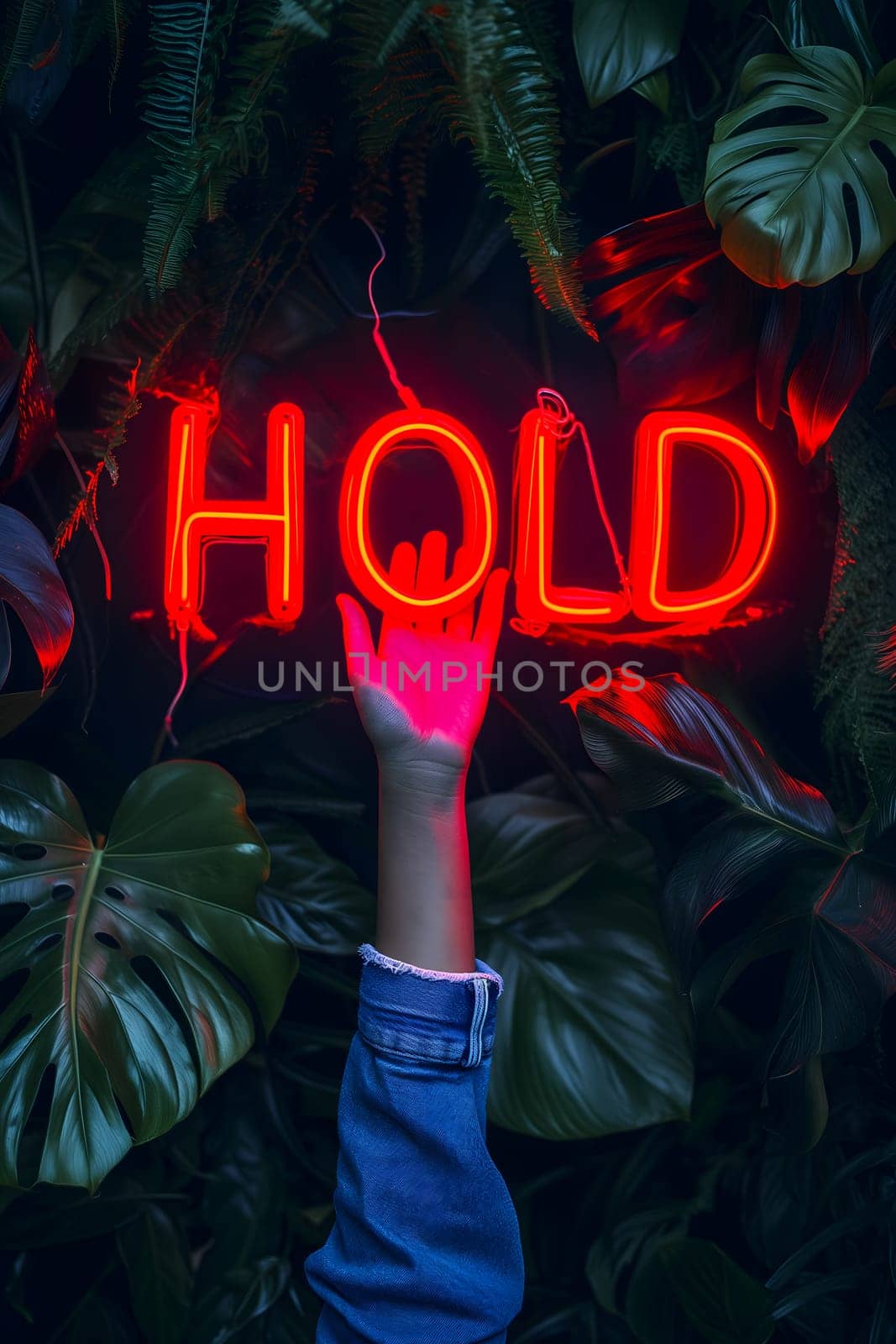 Neon inscription hold on green leaves background with hand. by z1b