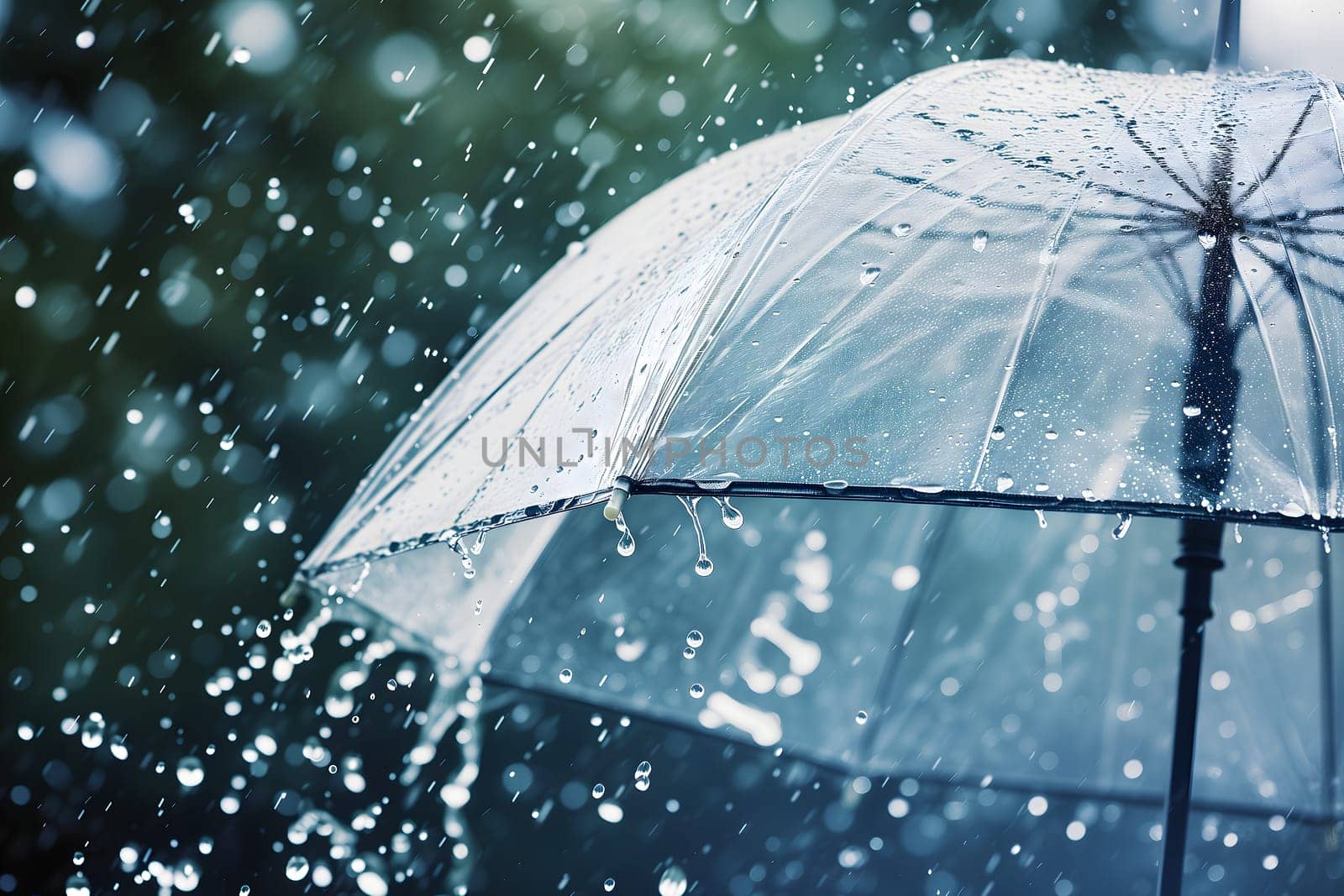 Close up, transparent umbrella under rainfall against a background of water droplets splashing. Concept of rainy weather. Neural network generated image. Not based on any actual scene or pattern.