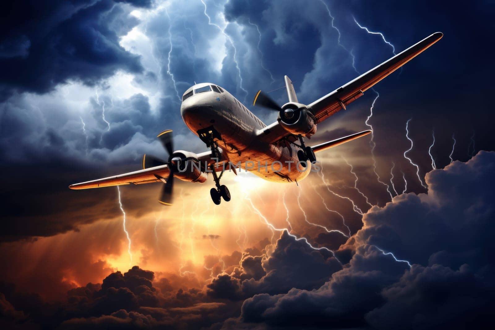 Lightning storm plane. Airline jet travel. Generate Ai