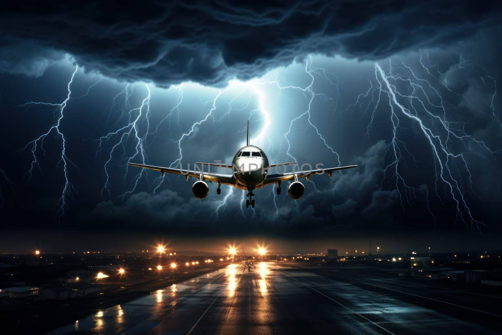 Electrifying Lightning storm plane. Generate Ai by ylivdesign