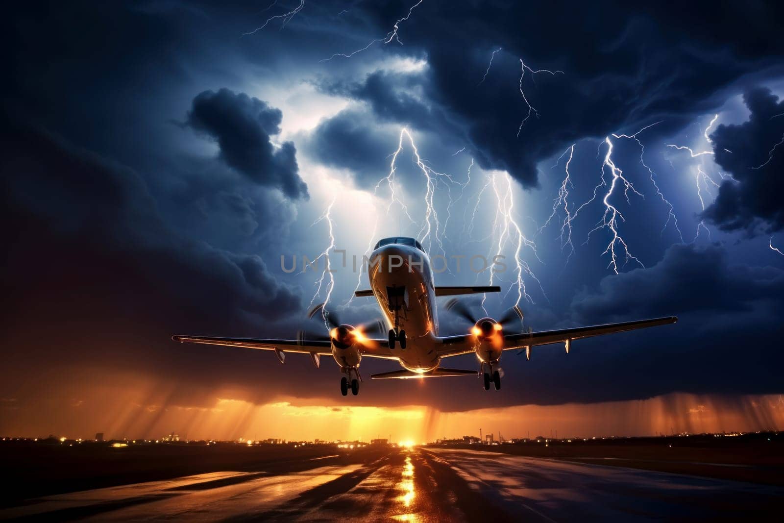 Intense Lightning storm plane. Airline jet travel. Generate Ai