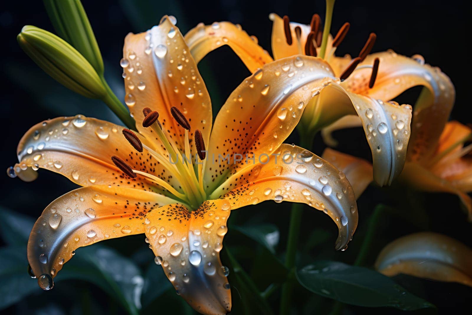 Lily flower water drops. Fresh natural botany. Generate Ai