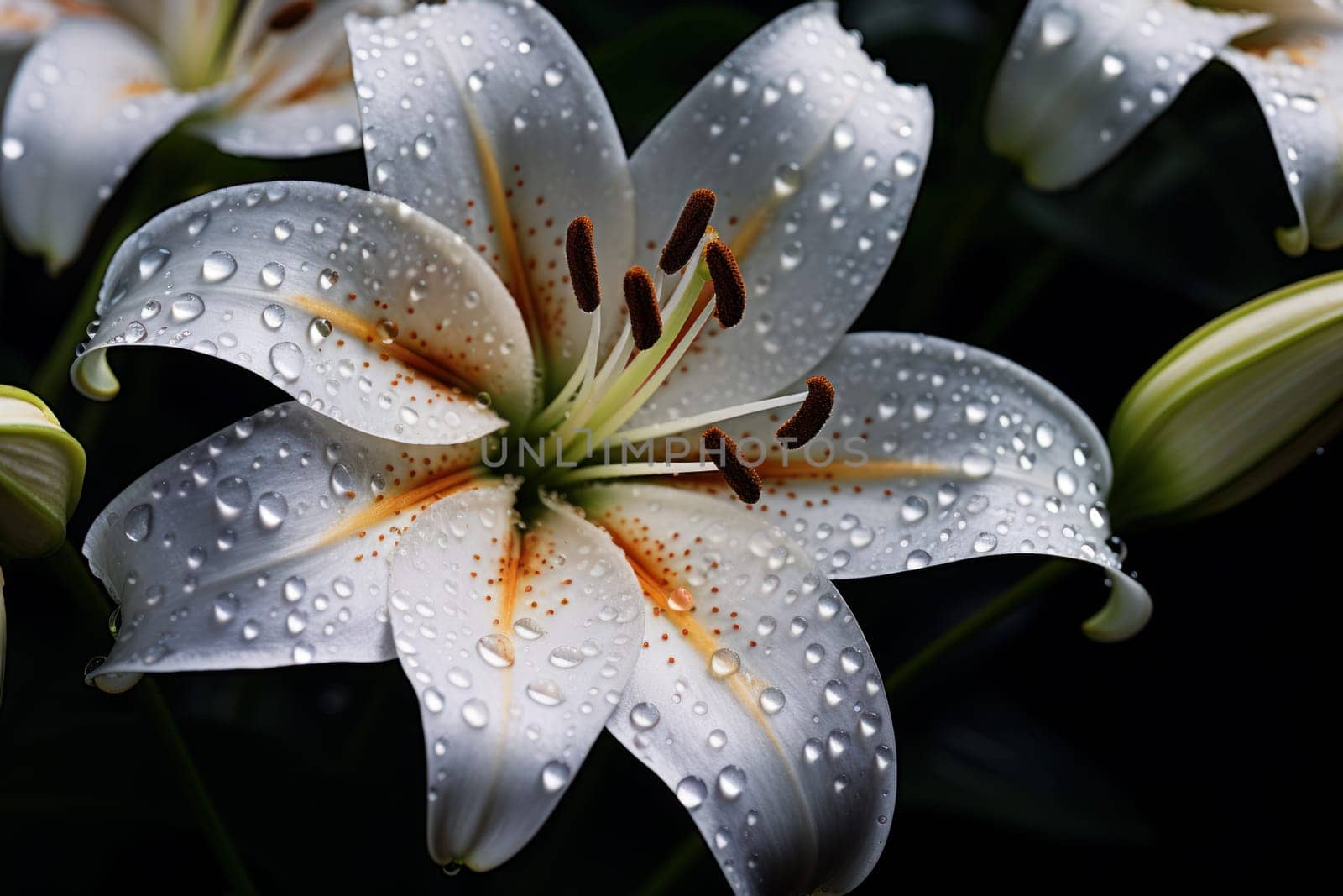 Sparkling Lily flower water drops. Fresh natural botany. Generate Ai