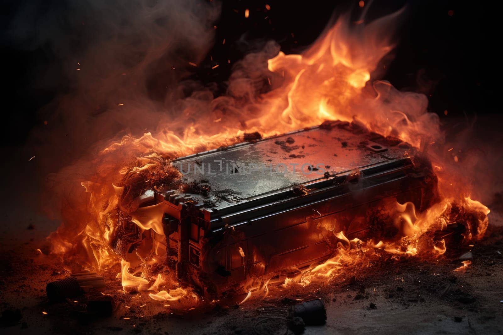 Dangerous Lithium battery fire. Generate Ai by ylivdesign