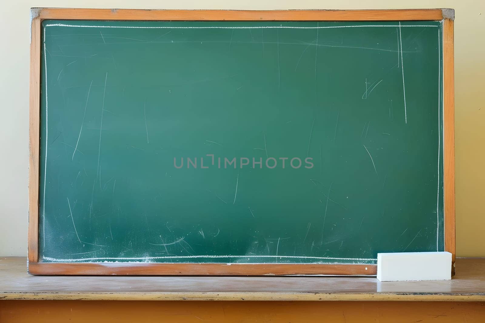 First-class, An empty green chalkboard with an eraser and white chalk, ready for Teacher's Day by z1b