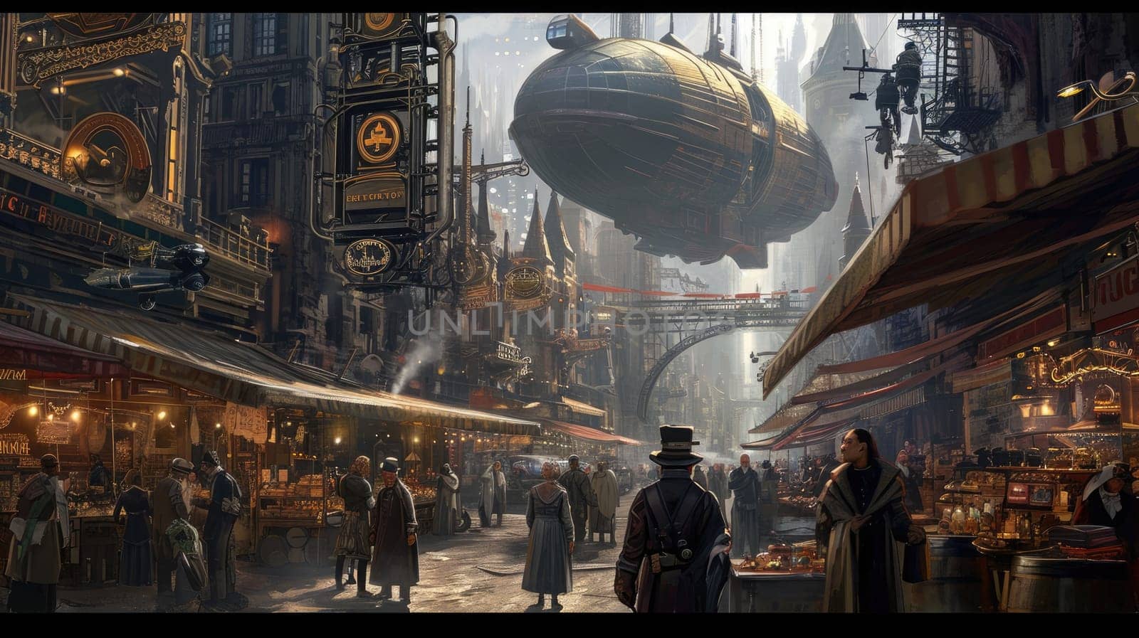 A fleet of steampunk airships hovers above a Victorian-inspired cityscape, enveloped in a golden mist at dawn. Resplendent.