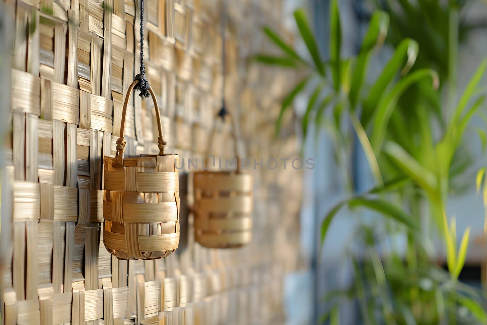 two wicker bamboo pots hanging on wicker bamboo wall, closeup with selective focus by z1b