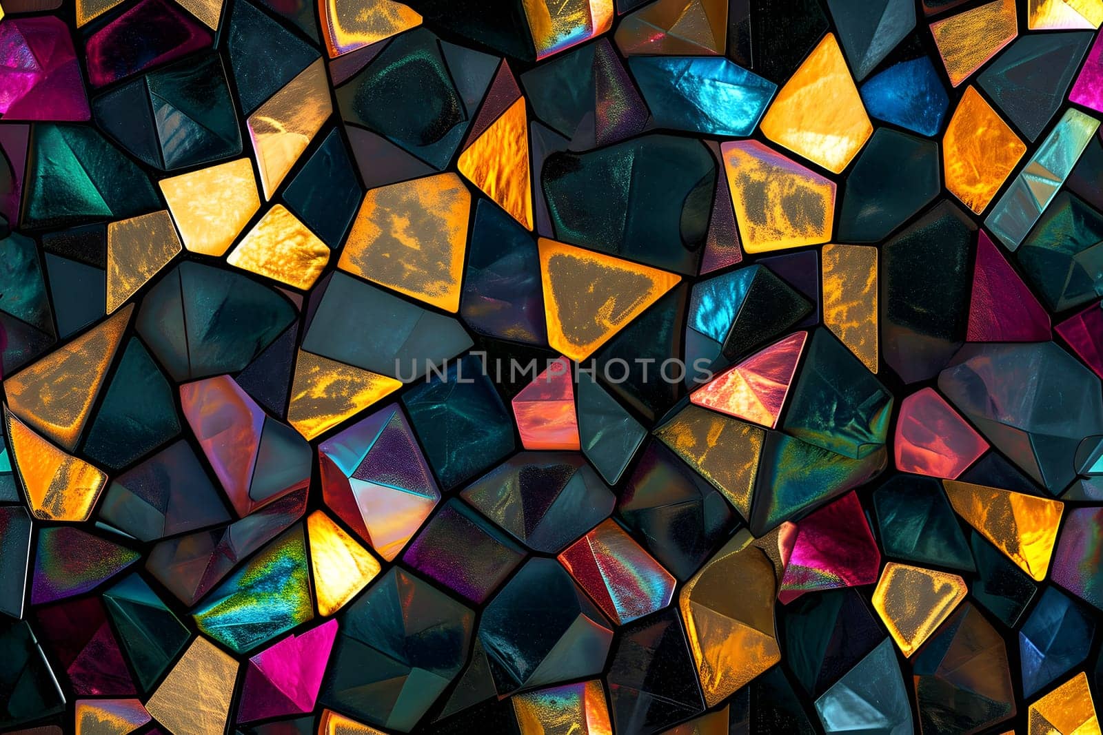 Seamless texture and full-frame background of colorful glass mosaic triangular tiles. Neural network generated image. Not based on any actual scene or pattern.