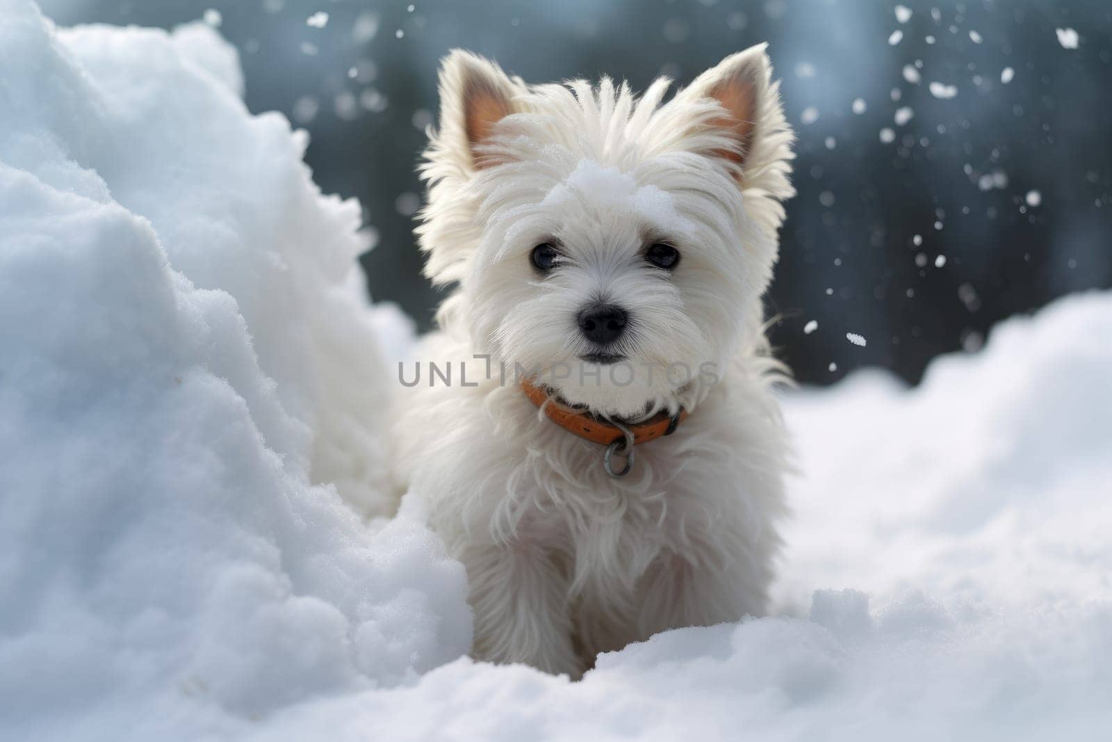 Dog winter snow. Cute canine. Generate Ai